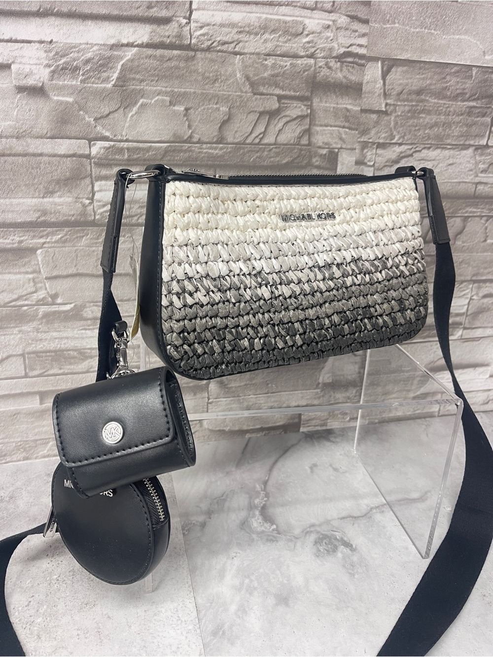 Michael Kors Straw Tech Crossbody Bag Black White Gray Ombré & Matching Wallet - Picture 4 of 12